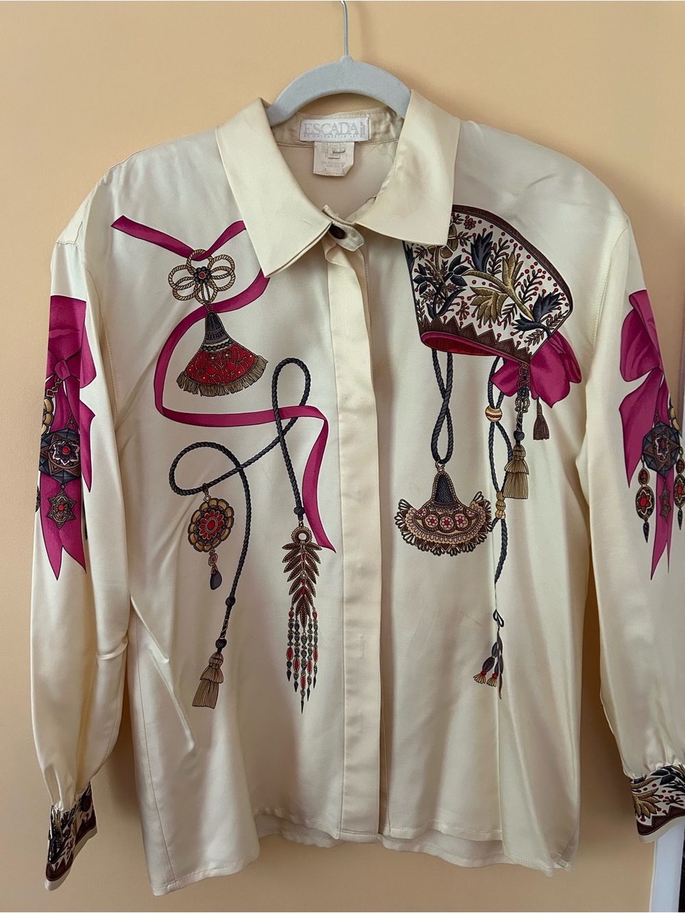 Escada Cream Silk Blouse with Fuchsia and Multicolor Print
